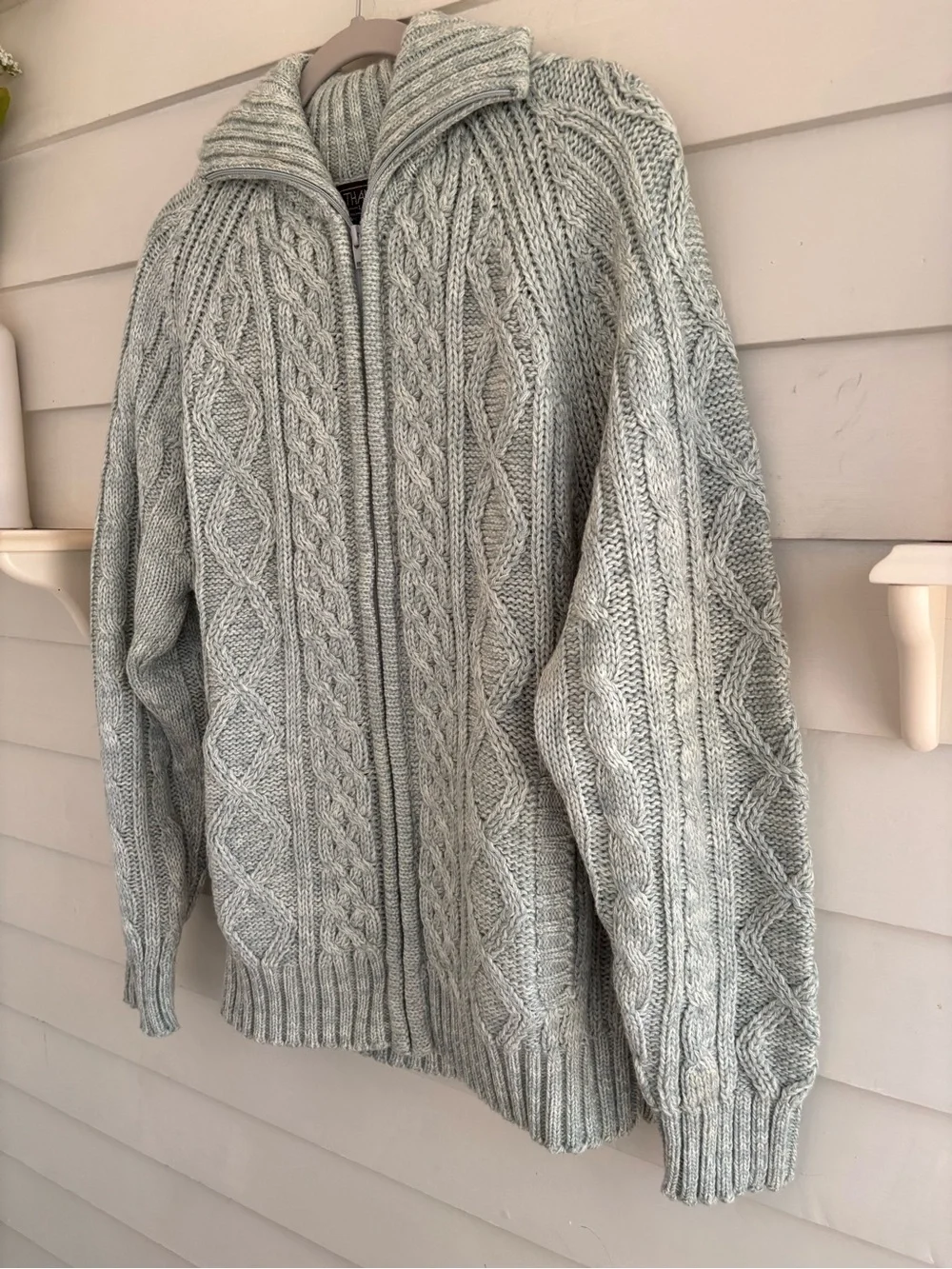 Thane Vintage Chunky Cable Knit Full Zip Sweater Mint Heather Men’s Size Large